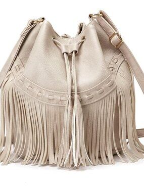 Leather Bucket Bags for Women Crossbody Fringe Purses with Drawstring Ladies Tas